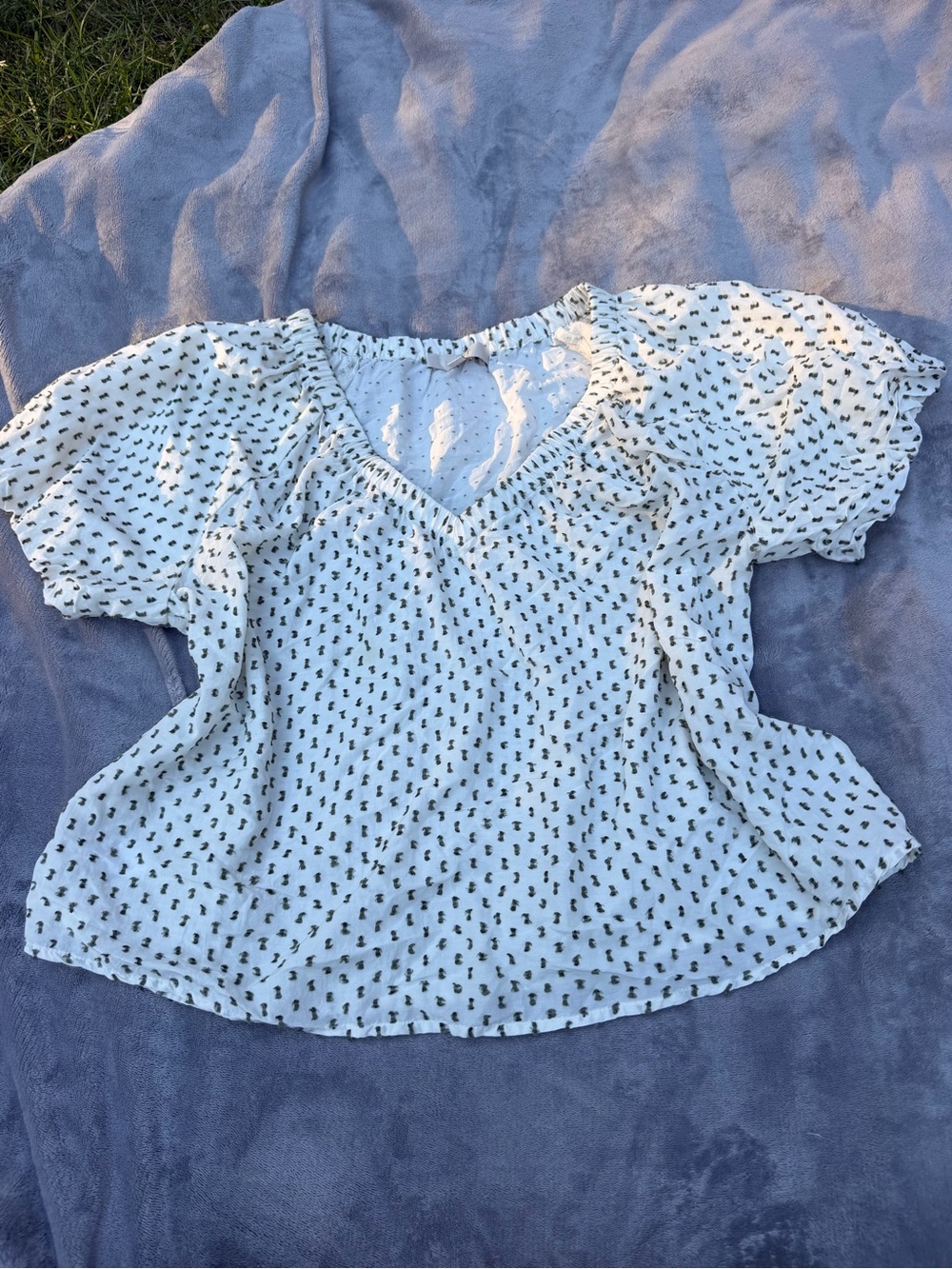 White V-Neck Puff Sleeve Top with Micro Floral Print
